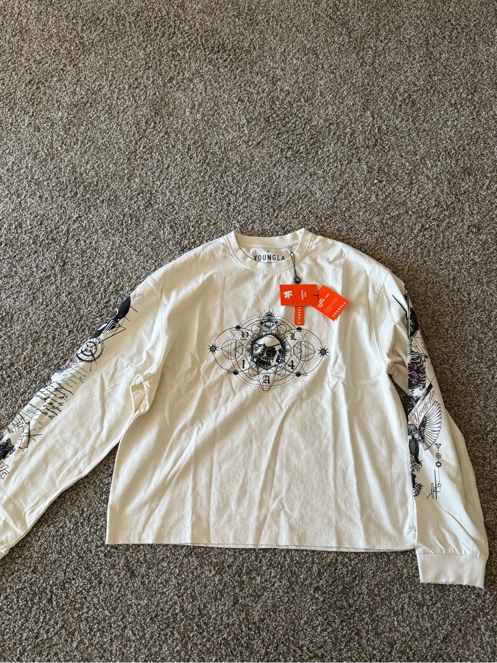YoungLA White Long-Sleeve Graphic Crewneck with Black Illustrations